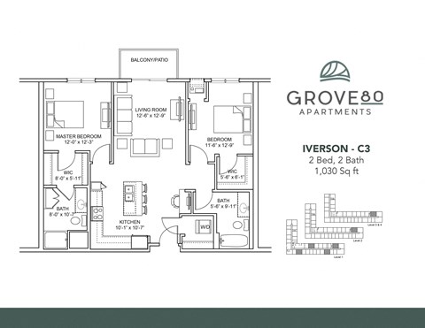 Floor plan for 2 beds, 2 baths, 1030 sqft